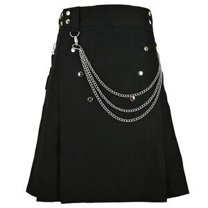 Cargo Utilty Kilt Black with Silver Chains Traditional Scottish Highlander Kilt